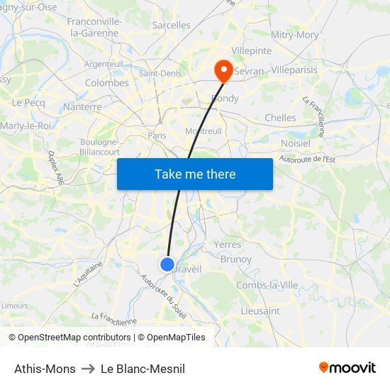 Athis-Mons to Le Blanc-Mesnil map