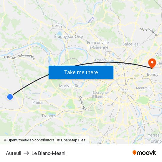 Auteuil to Le Blanc-Mesnil map