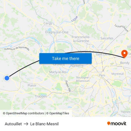 Autouillet to Le Blanc-Mesnil map