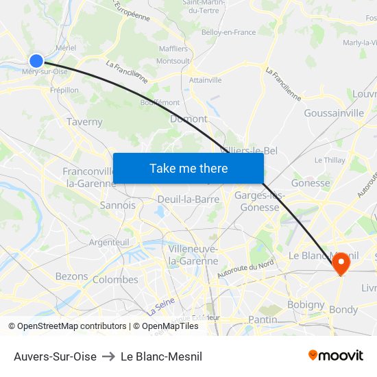 Auvers-Sur-Oise to Le Blanc-Mesnil map