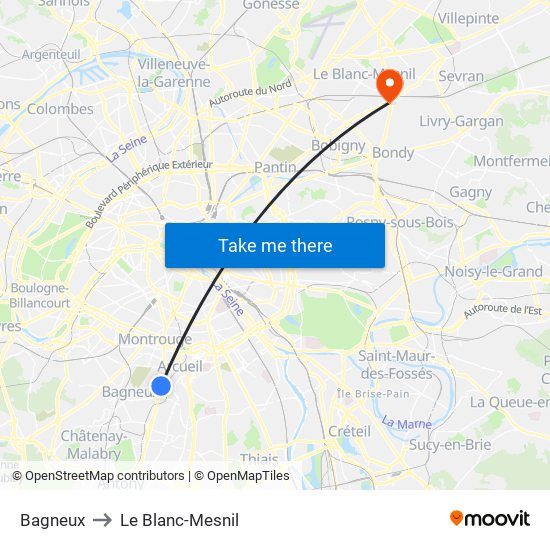 Bagneux to Le Blanc-Mesnil map