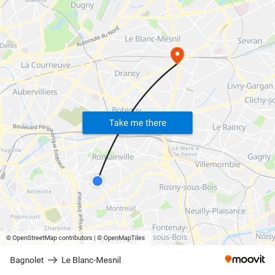 Bagnolet to Le Blanc-Mesnil map