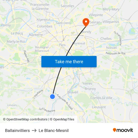 Ballainvilliers to Le Blanc-Mesnil map