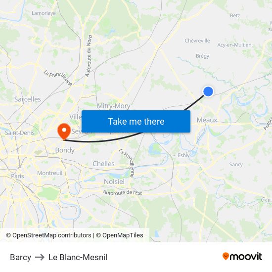 Barcy to Le Blanc-Mesnil map