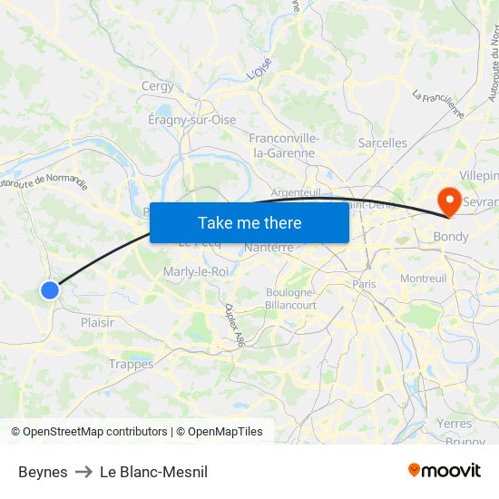 Beynes to Le Blanc-Mesnil map