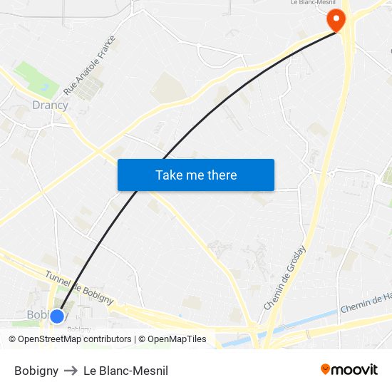Bobigny to Le Blanc-Mesnil map