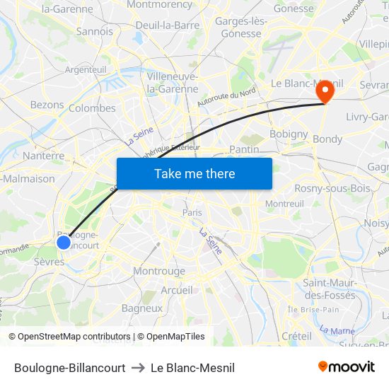 Boulogne-Billancourt to Le Blanc-Mesnil map