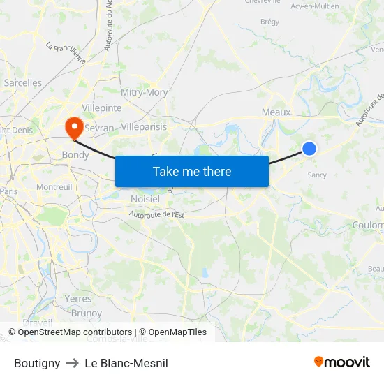 Boutigny to Le Blanc-Mesnil map