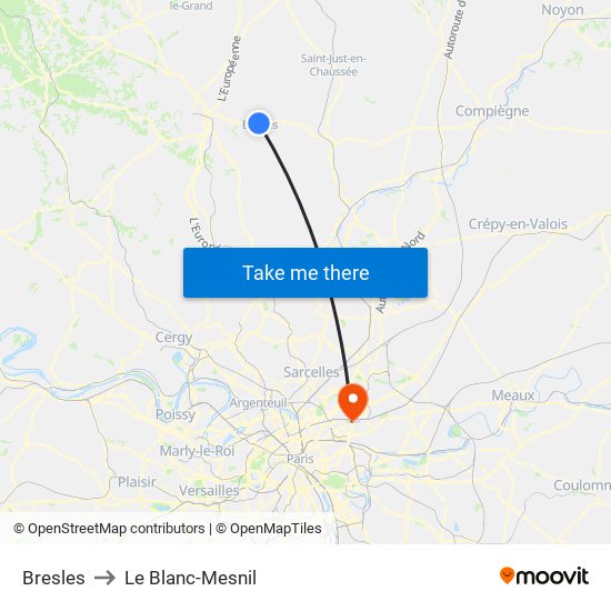 Bresles to Le Blanc-Mesnil map