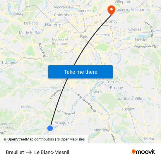 Breuillet to Le Blanc-Mesnil map