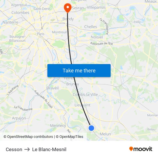 Cesson to Le Blanc-Mesnil map