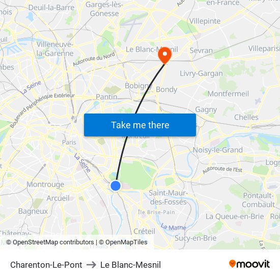 Charenton-Le-Pont to Le Blanc-Mesnil map
