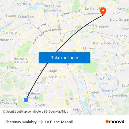 Chatenay-Malabry to Le Blanc-Mesnil map