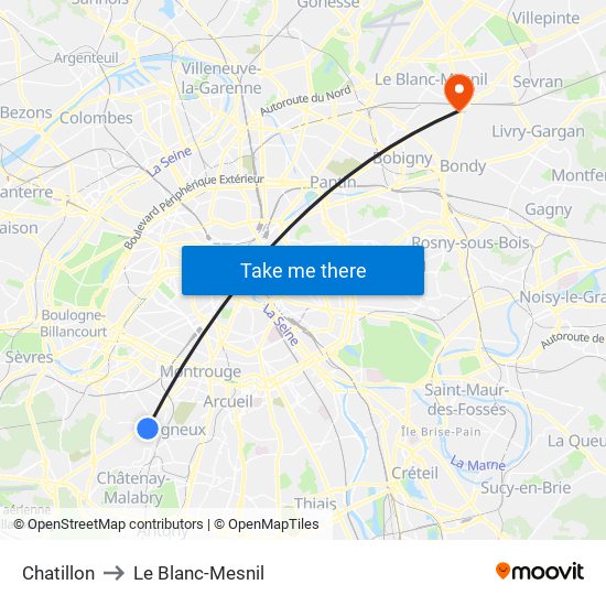 Chatillon to Le Blanc-Mesnil map