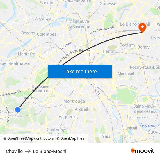 Chaville to Le Blanc-Mesnil map