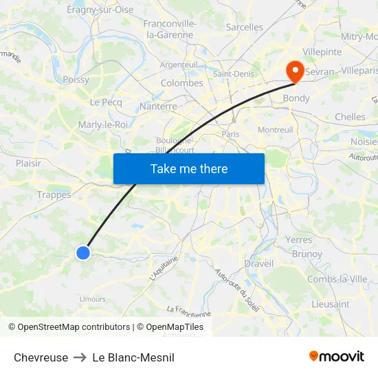 Chevreuse to Le Blanc-Mesnil map