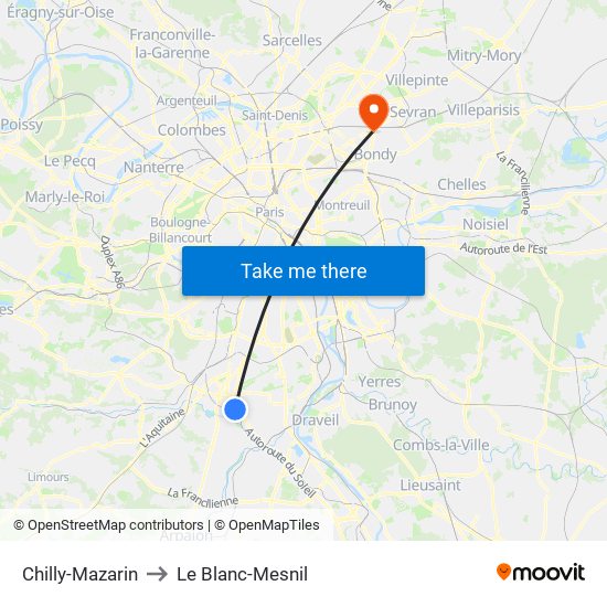 Chilly-Mazarin to Le Blanc-Mesnil map