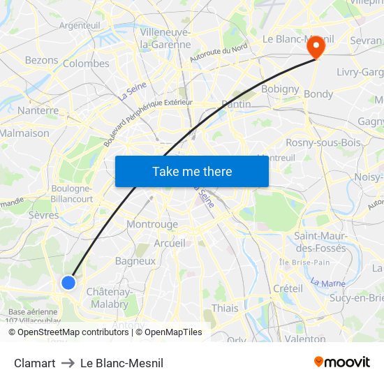 Clamart to Le Blanc-Mesnil map
