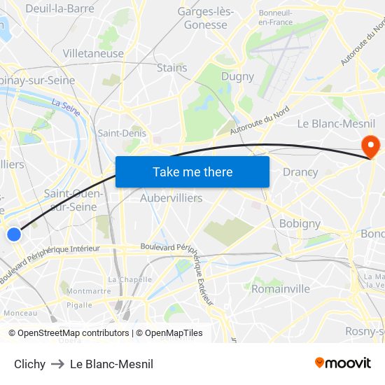 Clichy to Le Blanc-Mesnil map