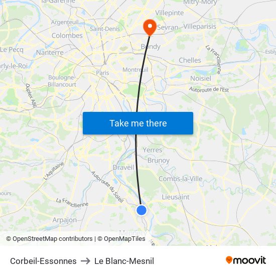 Corbeil-Essonnes to Le Blanc-Mesnil map