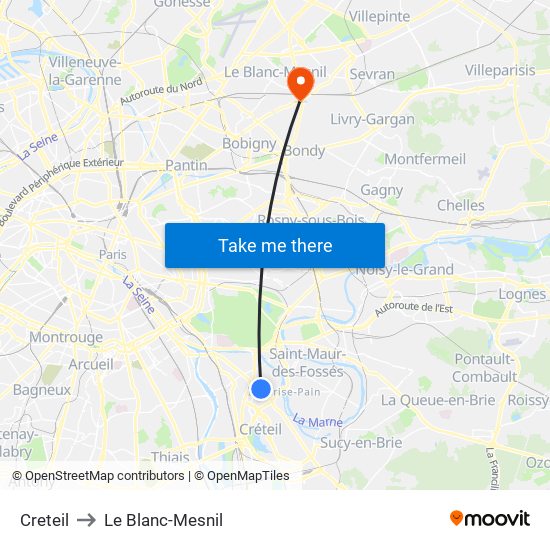 Creteil to Le Blanc-Mesnil map