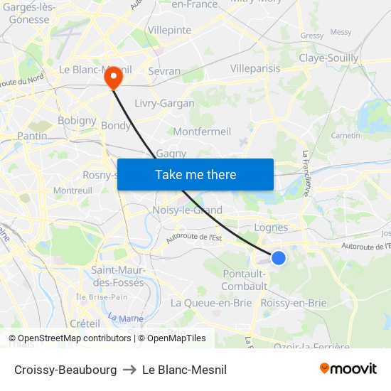 Croissy-Beaubourg to Le Blanc-Mesnil map