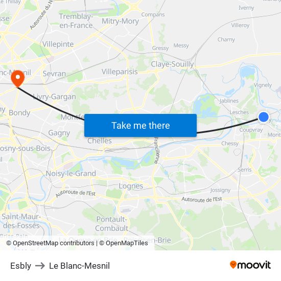 Esbly to Le Blanc-Mesnil map