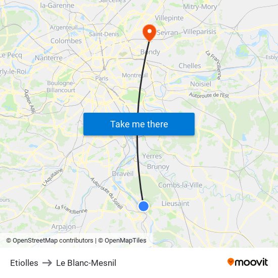 Etiolles to Le Blanc-Mesnil map