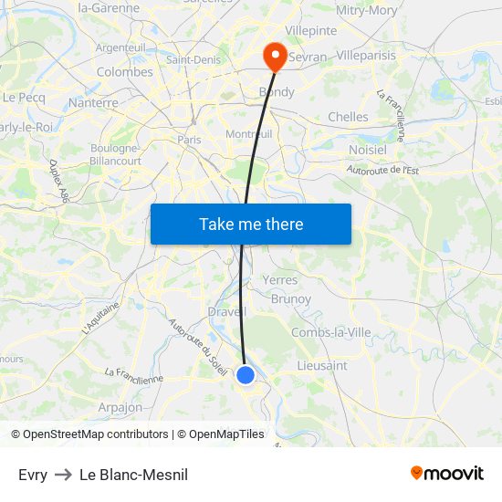 Evry to Le Blanc-Mesnil map