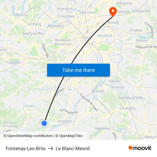 Fontenay-Les-Briis to Le Blanc-Mesnil map