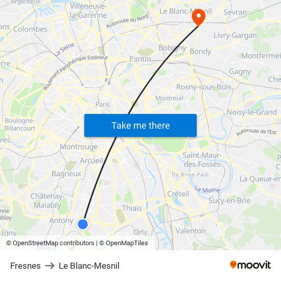 Fresnes to Le Blanc-Mesnil map