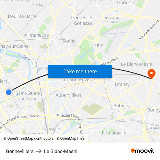 Gennevilliers to Le Blanc-Mesnil map