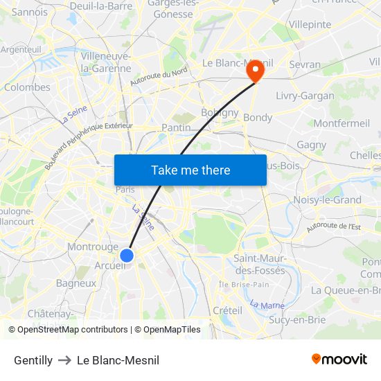 Gentilly to Le Blanc-Mesnil map
