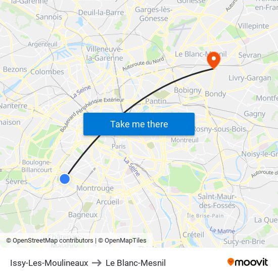 Issy-Les-Moulineaux to Le Blanc-Mesnil map