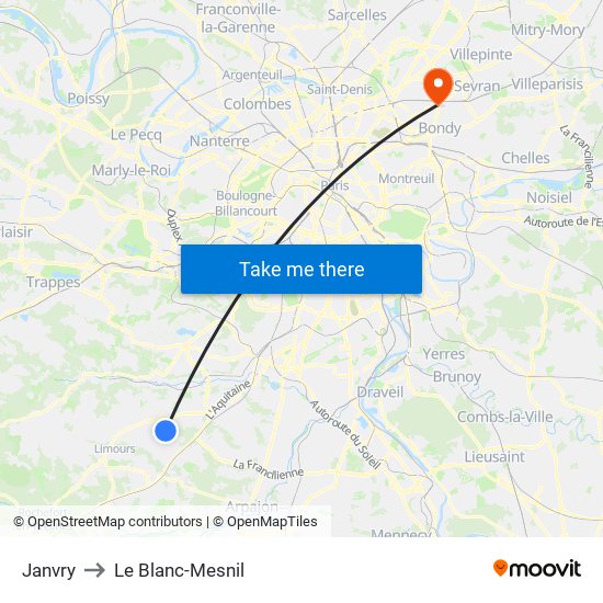 Janvry to Le Blanc-Mesnil map
