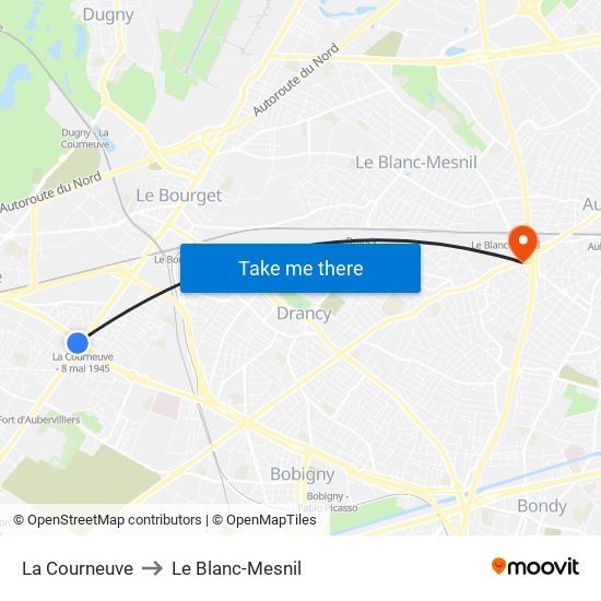 La Courneuve to Le Blanc-Mesnil map