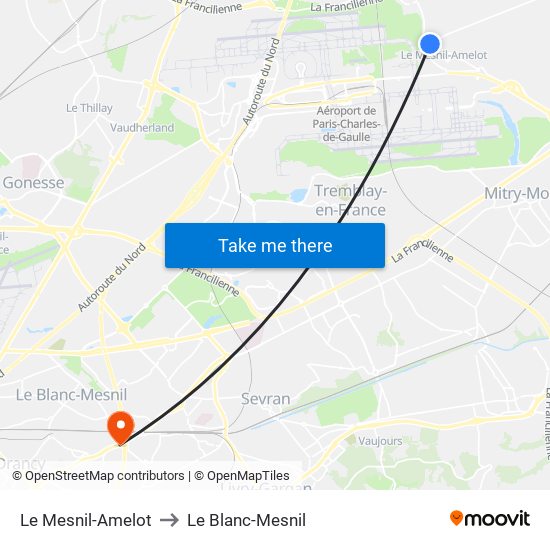 Le Mesnil-Amelot to Le Blanc-Mesnil map