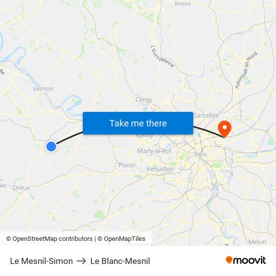 Le Mesnil-Simon to Le Blanc-Mesnil map