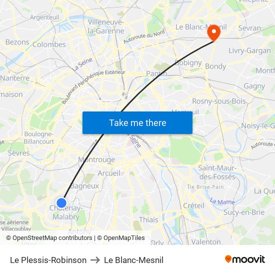 Le Plessis-Robinson to Le Blanc-Mesnil map