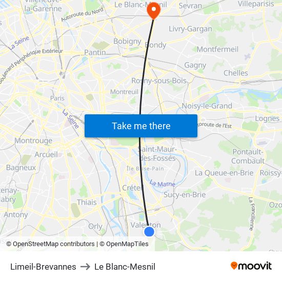 Limeil-Brevannes to Le Blanc-Mesnil map