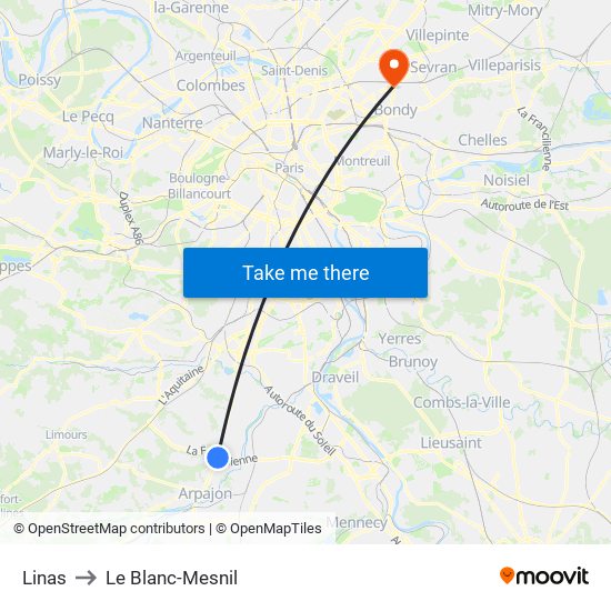 Linas to Le Blanc-Mesnil map