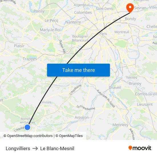 Longvilliers to Le Blanc-Mesnil map