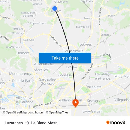 Luzarches to Le Blanc-Mesnil map