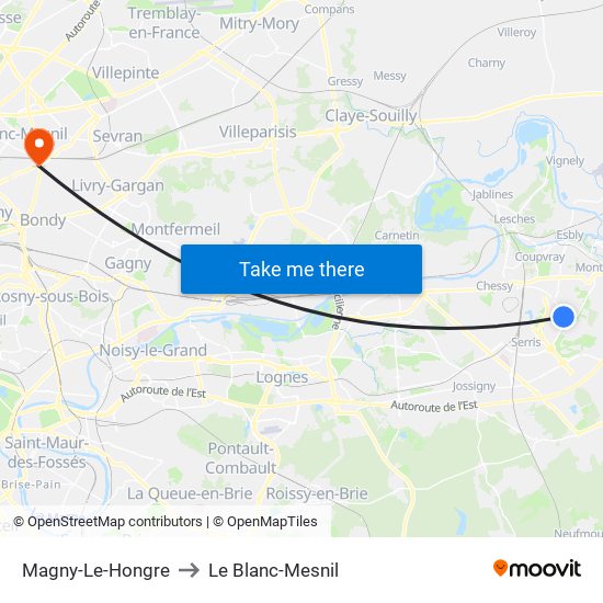 Magny-Le-Hongre to Le Blanc-Mesnil map