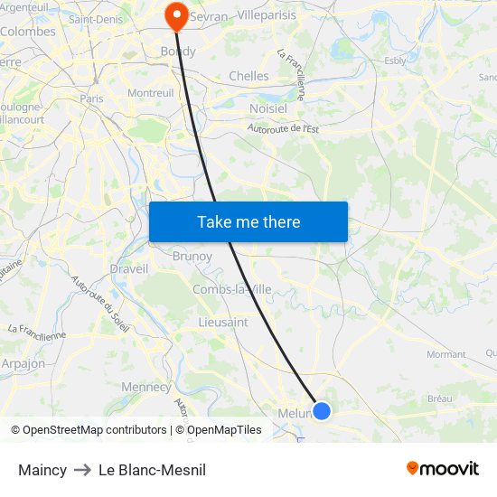 Maincy to Le Blanc-Mesnil map