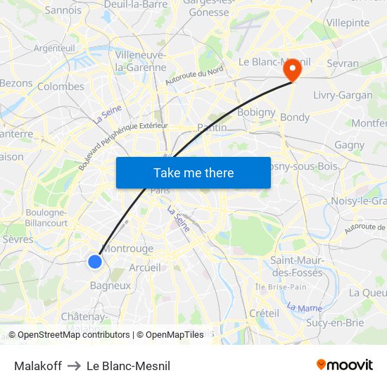 Malakoff to Le Blanc-Mesnil map