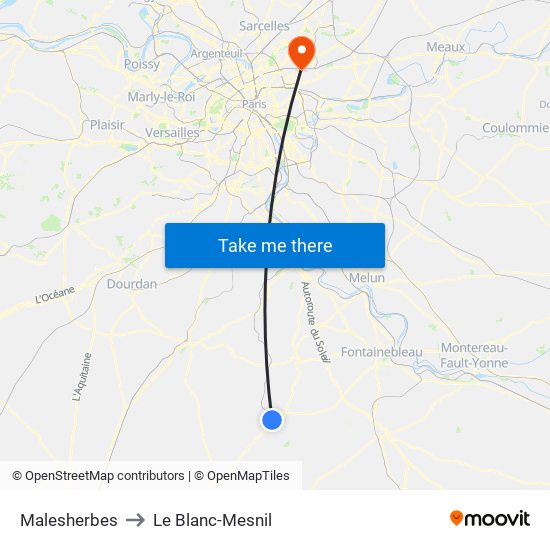 Malesherbes to Le Blanc-Mesnil map