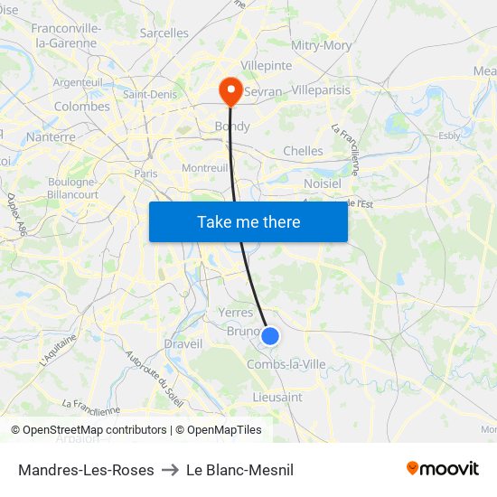 Mandres-Les-Roses to Le Blanc-Mesnil map