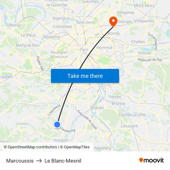 Marcoussis to Le Blanc-Mesnil map