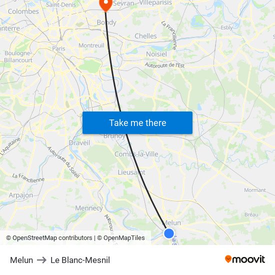 Melun to Le Blanc-Mesnil map